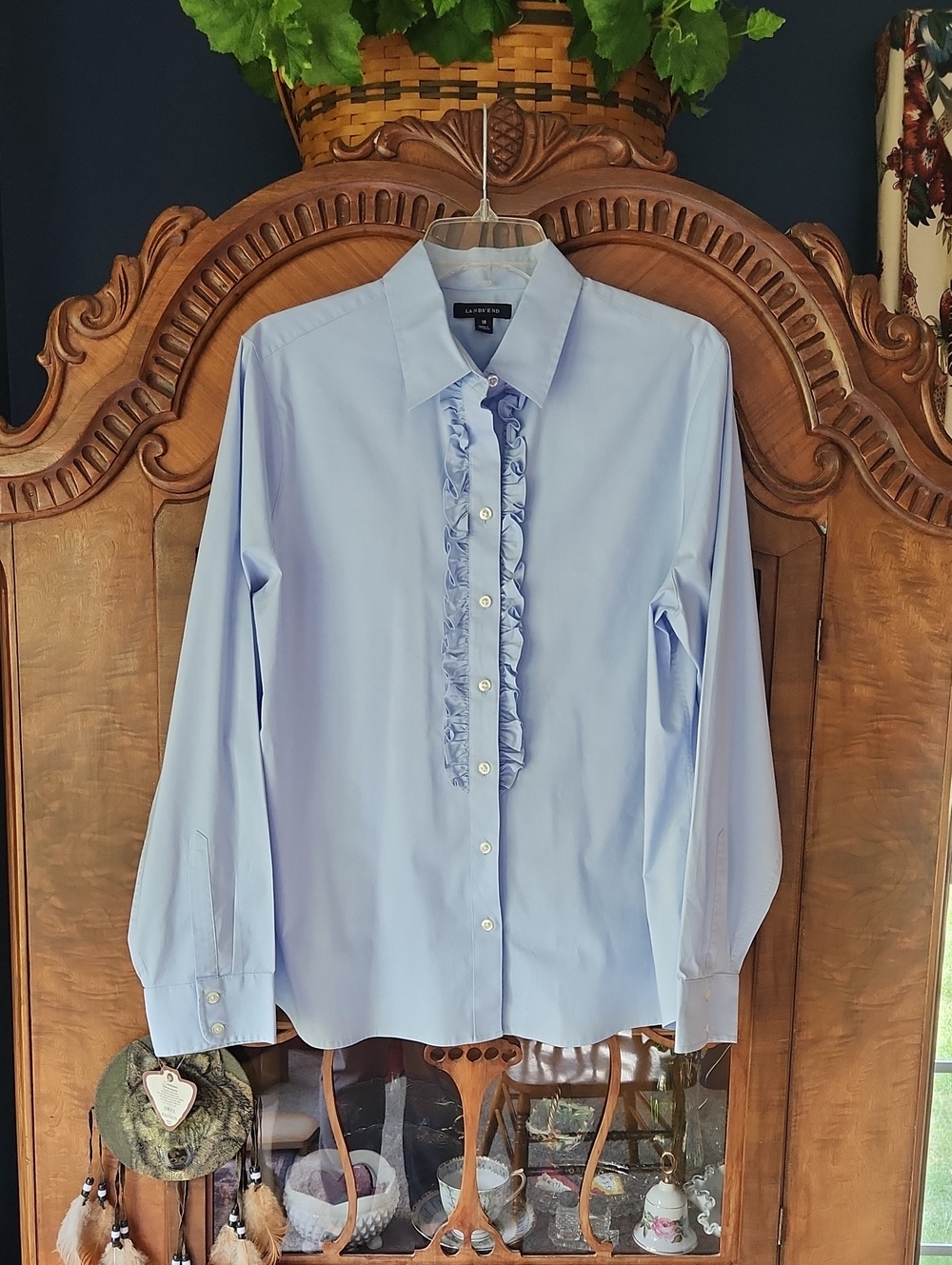 Lands' End Light Blue Ruffle Front Button-Down Blouse - Plus Size 18
